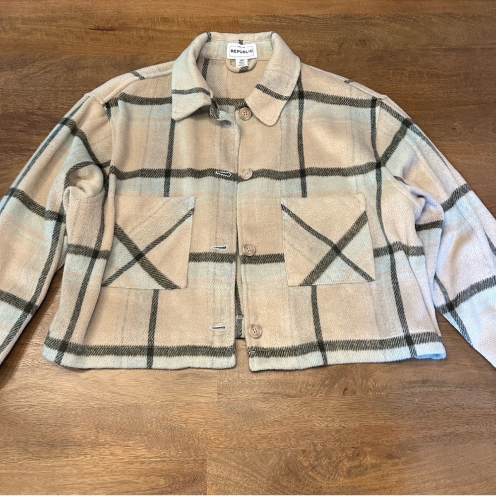 For The Republic Beige and Gray Plaid Cropped Jean Jacket
